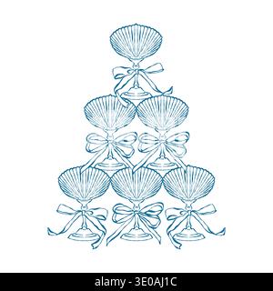 Elegant hand-drawn champagne tower with whimsical bows. Seashell-shaped glasses for a coastal wedding. Martini pyramid. Isolated vector blue outline illustration. Festive alcoholic drinks Stock Vector