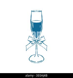Wine, champagne glass with a bow. Vector blue outline illustration of a glass goblet for Christmas, Valentines Day, weddings, and birthdays. Stock Vector