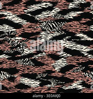 Tiger fur repeating texture. Tiger skin texture or tiger stripes, jungle wallpaper. Tiger print pattern vector background. Stock Vector