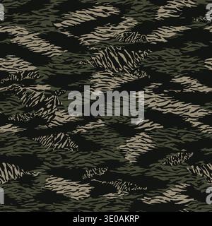 Green and Black Tiger Stripe Camouflage Pattern Military Tactical Fabric Texture, vector modern print, seamless fabric texture. Ornament Stock Vector