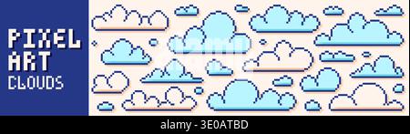 Pack with pixel art game white and blue clouds. Stock Vector