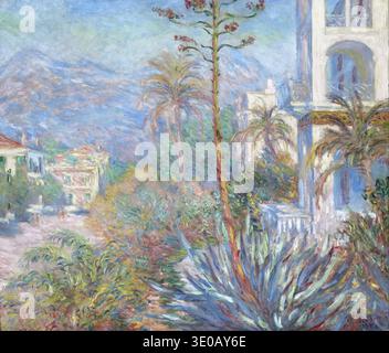 This impressionistic painting by Claude Monet, titled "Villas at Bordighera," depicts a vibrant Mediterranean landscape from about 1884. The artwork captures the sunny Italian Riviera with lush vegetation, including palm trees and an agave plant, set against distant mountains and elegant villas bathed in soft light. Stock Photo