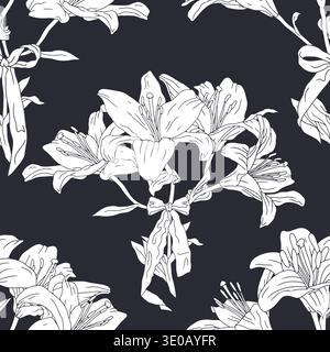 Black and white vintage seamless pattern with hand drawn lily flowers and fancy bow knots silhouettes. Monochrome boho floral repeat wallpaper Stock Vector