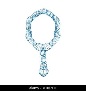 Line art illustration of a hand mirror made of seashells. A feminine accessory for coastal-style weddings. Beauty accessory. Vector outline clipart in blue. Stock Vector