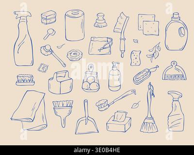 Hand drawn cleaning supplies doodle set Stock Vector