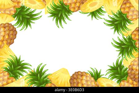 Vector tropical frame with pineapples and pineapple slices Stock Vector