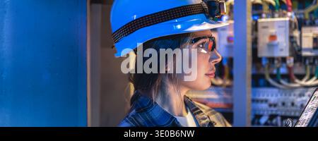 Female electrician wearing safety glasses inspecting equipment. Electrician industrial safety. Stock Photo