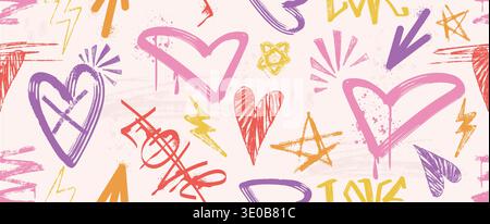 Seamless pattern with chalk pencil color hearts, spray paint romantic elements, graffiti love text in grunge urban style. Street art background with hand drawing amore print with ink drips, splatters Stock Vector