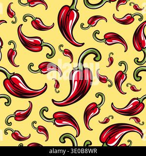 Vector Seamless Pattern with Red Hot Chili Peppers on cream Background. Spicy Chili Hot or Red Bell Pepper Print Stock Vector