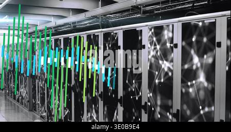 Displaying server racks stretching down data center aisle, showing colored visualization bars Stock Photo