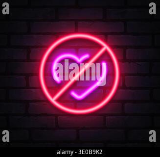 Neon heart icon crossed by red prohibition symbol on dark background. Ideal for no love concepts, rejection themes, and expressive visuals. Stock Vector