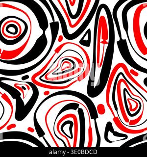 Hand Drawn Wavy Circles. Seamless background of red and black deformed rings. Not AI, vector illustration. Stock Vector