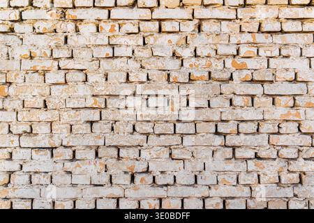 Old white brick wall with peeling paint. Close-up of a weathered brick wall covered with cracked white paint, showing aged texture, rough masonry, and Stock Photo