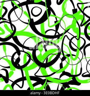 Hand Drawn Wavy Circles. Seamless background of green and black deformed rings. Not AI, vector illustration. Stock Vector