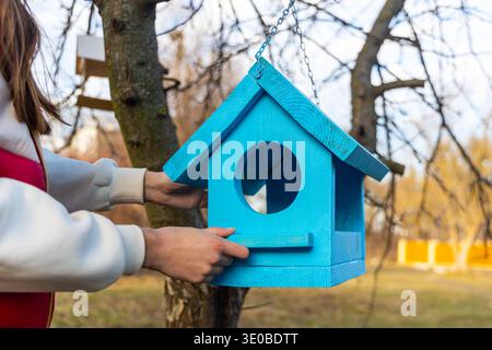 Woman hanging blue birdhouse on tree. Close-up of a person placing a bright blue wooden birdhouse on a garden tree, showing spring preparation Stock Photo