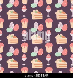 Easter dessert seamless pattern. Cute hand drawn cake, cupcake, egg and carrot vector illustration. Festive food background for textile, wrapping Stock Vector