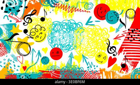 Abstract funny background with blots and various abstract elements. music with notes . Hand drawn. Not AI, vector illustration. Stock Vector