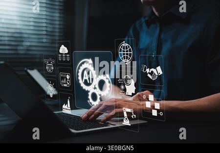 Artificial intelligence automation technology concept. Person using laptop with digital AI interface, machine learning system, data analytics dashboar Stock Photo