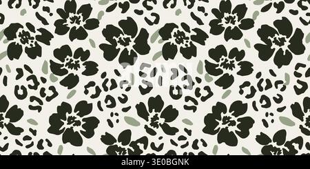 Mint Green and Black Tropical Floral Leopard Pattern Stock Vector