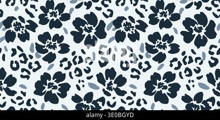 Dusty Blue Botanical Leopard Hybrid Seamless Pattern Stock Vector