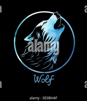Wolf howling at the moon blue abstract . Hand drawn. Not AI, vector illustration. Stock Vector