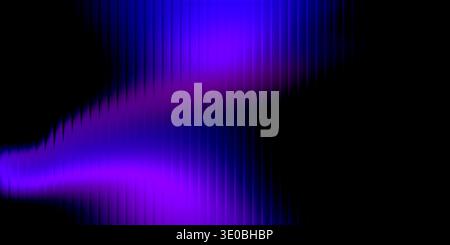 A vibrant abstract background featuring flowing waves of neon blue and purple light with a vertical striped pattern against a dark backdrop Stock Photo