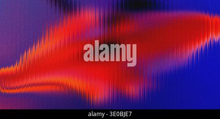 An abstract digital artwork features a vibrant red and orange form with vertical lines and a textured, grainy appearance against a deep blue and purpl Stock Photo