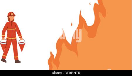 Educational fire safety poster. Large fire. Female firefighter with two conical buckets. Illustration about emergency situations. Stock Vector