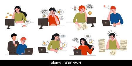 Collection of characters working in office. Burnout at work, fatigue from monitors documents work. Flat vector illustration. Stock Vector