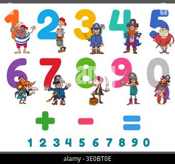 Cartoon illustration of educational numbers set from one to nine with funny pirate characters Stock Vector