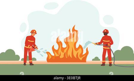 Fire in park. Danger of fire spreading in parks. Two firefighters extinguishing fire among trees and shrubs. Stock Vector