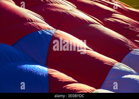 Close Up of Red and Blue Kite Fabric Texture at Outdoor Festival Stock Photo