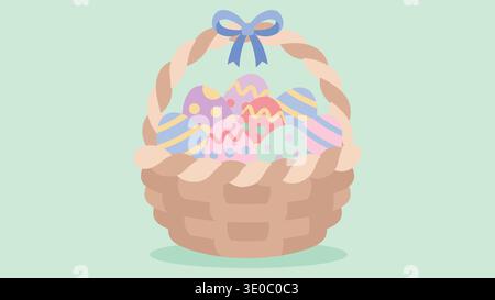 Braided wicker basket filled with pastel decorated Easter eggs isolated on soft background Stock Vector