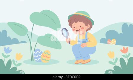 Happy child wearing hat and overalls searching for decorated Easter eggs with a magnifying glass in a pastel spring garden Stock Vector