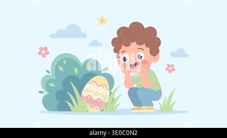 Surprised child discovering a decorated Easter egg hidden in a bush during egg hunt Stock Vector