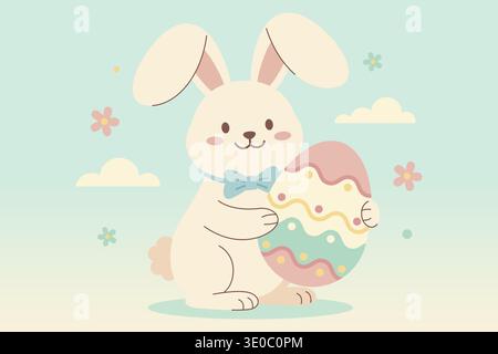 Adorable Easter bunny with bow tie holding a large decorated egg in a soft pastel spring background with flowers and clouds Stock Vector