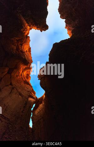 Slot Canyon Walls and Blue Sky View Cathedral Gorge State Park Nevada Stock Photo