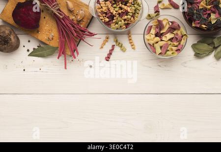 Various types of handmade pasta on white background Stock Photo