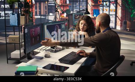 Professional photo editor interacts with AI chatbot and retouching software on dual monitors, using machine learning tools to generate high quality images. Photography industry. Camera A. Stock Photo