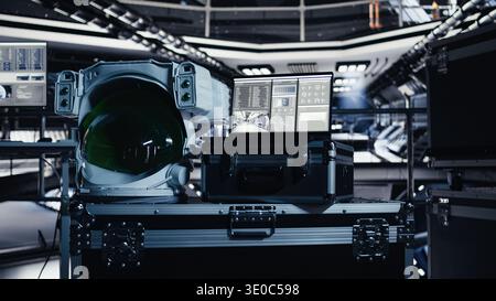 Space helmet next to laptop in starship showing sensors calibrating software during orbital flight. Cosmonaut gear equipment prepared for planetary expedition and notebook displaying star charts Stock Photo