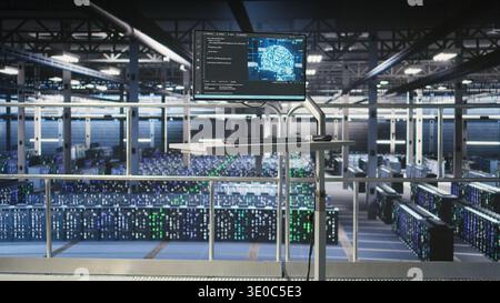 Industrial platform workstation in automated data center displaying machine learning code on monitor. Server farm systems running AI models monitoring operational stability and algorithm efficiency Stock Photo