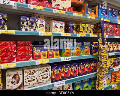 Chocolate Easter Eggs on the shelves at Tesco in South London, UK Stock Photo