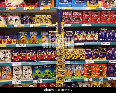 Chocolate Easter Eggs on the shelves at Tesco in South London, UK Stock Photo