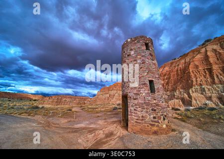 Cathedral Gorge CCC Water Tower Abandoned Landmark Under Dramatic Storm Clouds Stock Photo