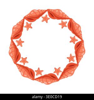 Cartoon Coral seashell round frame in summer beach style. Vector isolated illustration on white background Stock Vector