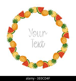 Summer Tropical fruit round frame with pineapples, watermelon and lemon. Vector isolated illustration on white background Stock Vector