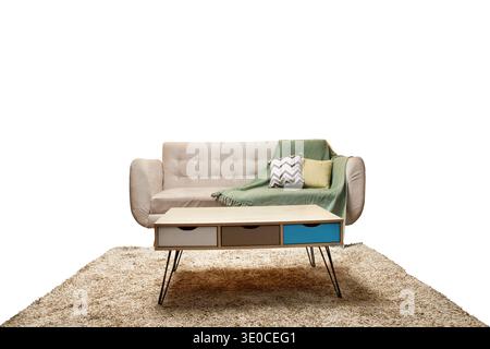 A comfortable chaise lounge with a unique wooden table on a cozy furry carpet with white background Stock Photo