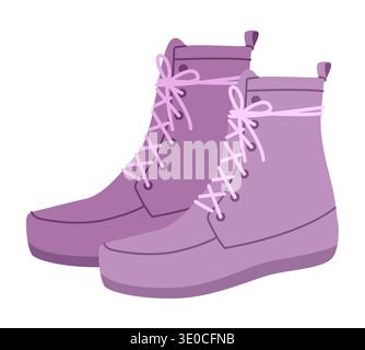 Purple lace-up platform ankle boot women flat pair. Chunky sole with front lacing for ceremony, dinner. Technical fashion illustration CAD mockup refined vector men unisex isolated modern style. Stock Vector