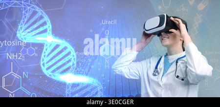 Scientist using VR headset, double exposure with virtual elements. Future technology in biochemistry Stock Photo