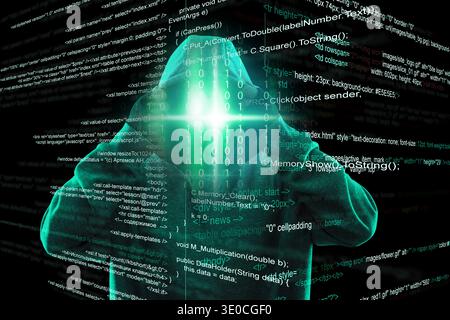 Hacker wearing hood and programming codes on black background. Cyber security Stock Photo